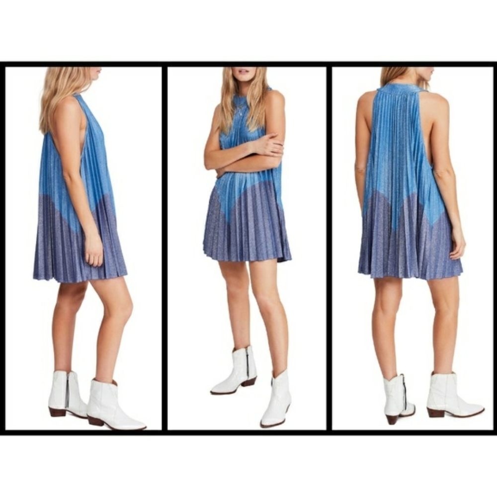 NWOT Free People pleated blue ombre metallic dress